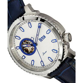レイン レディース 腕時計 アクセサリー Bauer Automatic Semi Skeleton Black or Blue or Brown Genuine Leather Band Watch, 44mm Silver-tone, Blue