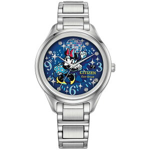 V`Y fB[X uXbgEoOEANbg ANZT[ Eco-Drive Women's Disney Disco Minnie Mouse Stainless Steel Bracelet Watch 37mm Silver-tone