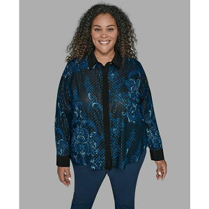 �J�[�����K�[�t�F���h ���f�B�[�X �J�b�g�\�[ �g�b�v�X KARL LAGERFIELD PARIS Plus Size Trim Printed Woven Top Naval Academy Multi