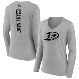 【送料無料】 ファナティクス レディース Tシャツ トップス Anaheim Ducks Fanatics Branded Women's Personalized Name & Number Long Sleeve VNeck TShirt Heather Gray