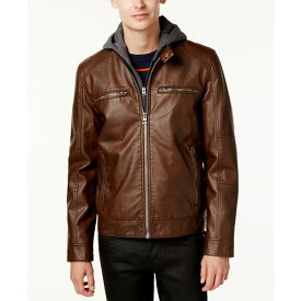 ゲス メンズ ジャケット＆ブルゾン アウター Men's Faux-Leather Detachable-Hood Motorcycle Jacket Brown