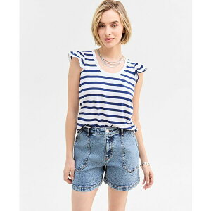 I T[eBtH[X fB[X Jbg\[ gbvX Women's Striped Flutter-Sleeve Voop-Neck T-Shirt, Exclusively at Macy's Blazing Navy