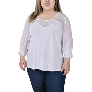 �j���[���[�N�R���N�V���� ���f�B�[�X �J�b�g�\�[ �g�b�v�X Plus Size 3/4 Sleeve Ringed Top with Mesh White
