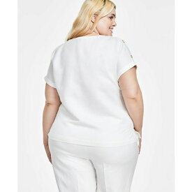 アンクライン レディース シャツ トップス Plus Size Short-Sleeve Button-Detail Blouse Bright White