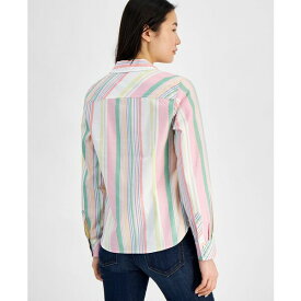 トミー ヒルフィガー レディース カットソー トップス Women's Cotton Striped Roll-Tab Shirt Dark Pink