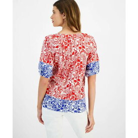 トミー ヒルフィガー レディース カットソー トップス Women's Cotton Floral-Print Puffed-Sleeve Top Brtwht/sca