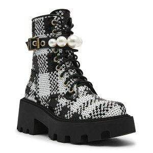 �x�b�c�B�W�����\�� ���f�B�[�X �u�[�c �V���[�Y Women's Jonnie Embellished Combat Booties Black/White Sequin Plaid