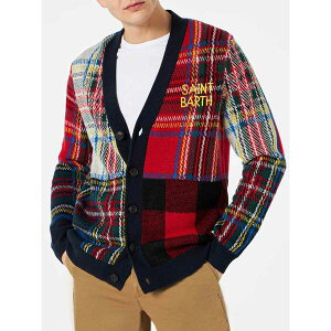 GV[c[ZCgo[X Y jbg&Z[^[ AE^[ Man Tartan Knitted Cardigan With Saint Barth Embroidery BLUE