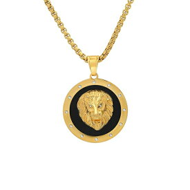 スティールタイム レディース ネックレス・チョーカー・ペンダントトップ アクセサリー Men's 18k Gold Plated Stainless Steel, Black Enamel and Simulated Diamonds Lion Head Round Pendant Gold Plated