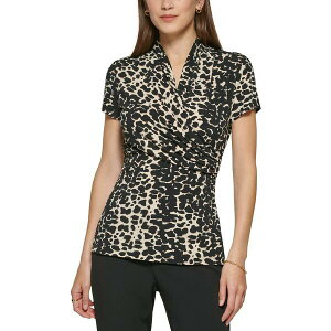 �_�i �L������ �j���[���[�N ���f�B�[�X �J�b�g�\�[ �g�b�v�X Petite Animal-Print Draped Surplice Blouse, Created for Macy's Black/Tan