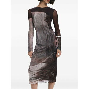 �f�W�O�A�� ���f�B�[�X �����s�[�X �g�b�v�X Printed long-sleeve midi dress Brown