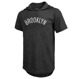 マジェスティックスレッズ メンズ Tシャツ トップス Brooklyn Nets Majestic Threads Wordmark TriBlend Hoodie TShirt Heathered Black