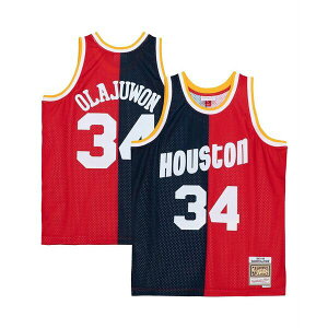 ~b`F&lX Y Vc gbvX Men's Hakeem Olajuwon Navy, Red Houston Rockets Big and Tall Hardwood Classics 1993-94 Split Swingman Jersey Navy, Red
