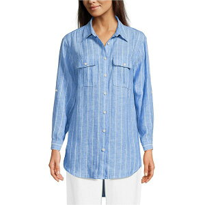 �����Y�G���h ���f�B�[�X �J�b�g�\�[ �g�b�v�X Women's Linen Roll Sleeve Relaxed Tunic Top Soft blue linen stripe