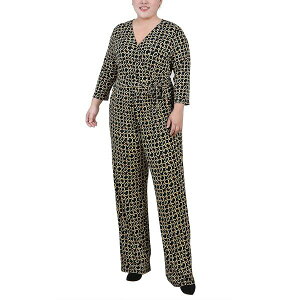 j[[NRNV fB[X s[X gbvX Plus Size 3/4 Sleeve Belted Jumpsuit Black Gold Chain Link