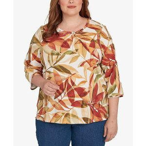 Atbh_i[ fB[X Jbg\[ gbvX Plus Size Leaf Pleated Crew Neck Top Rust