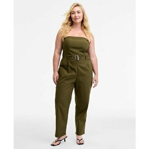 o[X[ fB[X s[X gbvX Trendy Plus Size Strapless Belted Utility Jumpsuit, Macy's Exclusive Olive