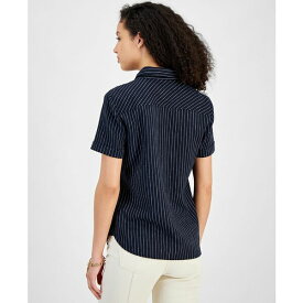 トミー ヒルフィガー レディース シャツ トップス Women's Striped Linen-Blend Short-Sleeve Button-Front Shirt Sky Cap/br