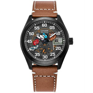 V`Y Y rv ANZT[ Eco-Drive Men's Disney Mickey Mouse Brown Leather Strap Watch 43mm Brown