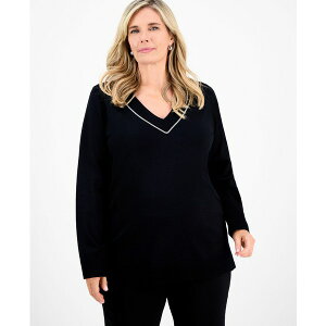 �W�F�C�G���R���N�V���� ���f�B�[�X �j�b�g&�Z�[�^�[ �A�E�^�[ Plus Size Embellished V-Neck Sweater, Macy's Exclusive Deep Black