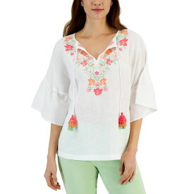 チャータークラブ レディース カットソー トップス Women's 100% Linen Embroidered Peasant Top, Created for Macy's Bright White