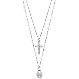 ベル ドゥ メール レディース ネックレス・チョーカー・ペンダントトップ アクセサリー Cultured Freshwater Pearl (8mm) & Cubic Zirconia Cross Layered Necklace in Sterling Silver, 16" + 1" extender Sterling Silver