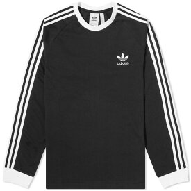 アディダス メンズ Tシャツ トップス Adidas Long Sleeve 3 Stripe T-Shirt Black