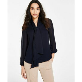 バースリー レディース カットソー トップス Women's Tie-Neck Sheer-Long-Sleeve Blouse, Created for Macy's Bar Navy