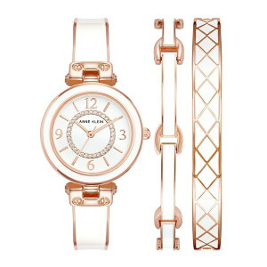 ANC fB[X rv ANZT[ Women's Rose Gold-Tone Alloy Bangle with White Enamel and Crystal Accents Fashion Watch 33mm Set 3 Pieces Rose Gold-Tone, White