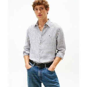 g~[ qtBK[ Y Vc gbvX Men's Pigment-Dyed Stripe Linen Button Up Shirt Desert Sky / Stripe