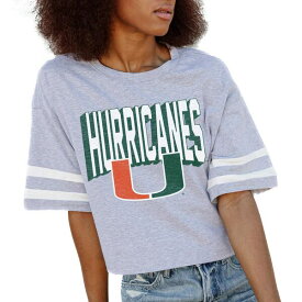 ゲームデイ レディース Tシャツ トップス Miami Hurricanes Gameday Couture Women's No Shortcuts Drop Shoulder Sleeve Stripe Cropped TShirt Gray