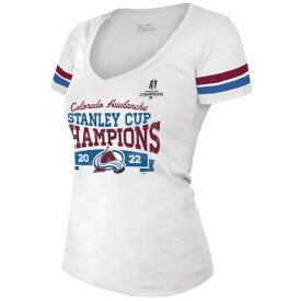 マジェスティックスレッズ レディース Tシャツ トップス Colorado Avalanche Majestic Threads Women's 2022 Stanley Cup Champions Striped VNeck TShirt White