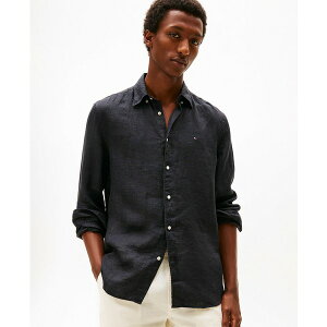 g~[ qtBK[ Y Vc gbvX Men's Pigment-Dyed Linen Button-Down Long Sleeve Shirt Black