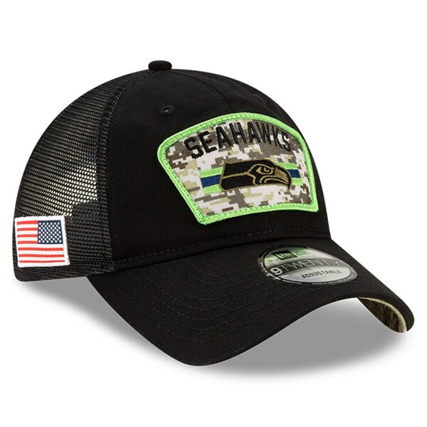 ニューエラ メンズ 帽子 アクセサリー Seattle Seahawks New Era 2021 Salute To Service Trucker 9TWENTY Adjustable Hat Black：asty