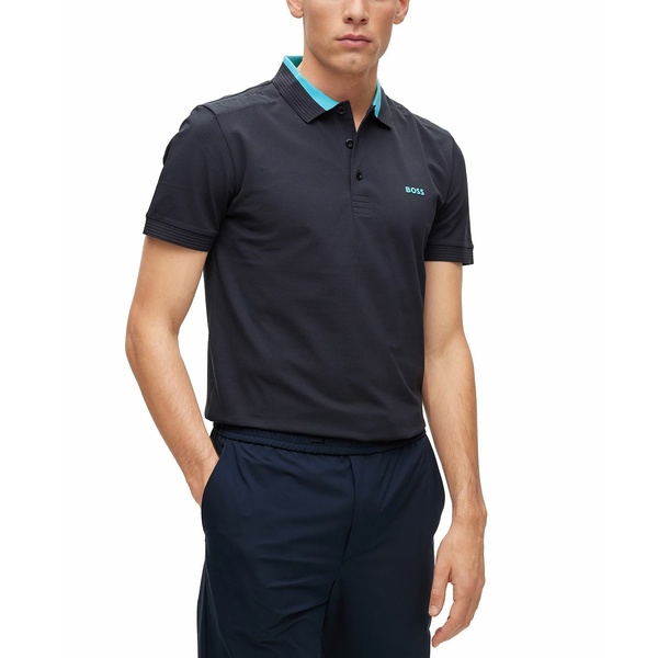 ヒューゴボス メンズ ポロシャツ トップス BOSS Men's Stretch Cotton Logo Inserts Slim Fit Polo Shirt Dark Blue