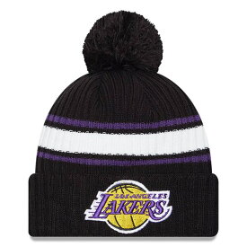 ニューエラ メンズ 帽子 アクセサリー Los Angeles Lakers New Era White Stripe Cuffed Pom Knit Hat Black