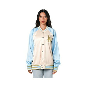 U Ch RNeBu fB[X WPbgu] AE^[ Women's Cream Los Angeles Dodgers Oversized Satin Raglan Full-Snap Bomber Jacket Cream