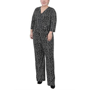 j[[NRNV fB[X s[X gbvX Plus Size 3/4 Sleeve Belted Jumpsuit Black White Ice Moon