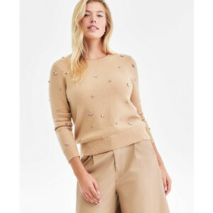 �`���[�^�[�N���u ���f�B�[�X �j�b�g&�Z�[�^�[ �A�E�^�[ Women's 100% Cashmere Embellished Chunky Crewneck Sweaters, Macy's Exclusive Natural Camel Combo
