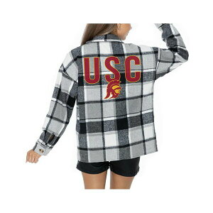 Q[fC fB[X WPbgu] AE^[ Women's Grey USC Trojans Long Sleeve Brushed Plaid Button-Up Overshirt Jacket Gray