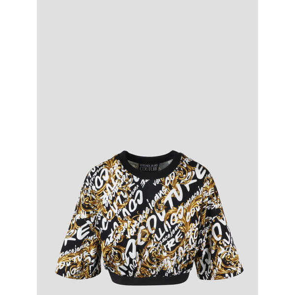 ベルサーチ レディース Tシャツ トップス Logo Brush Couture Crop T-shirt Black Gold