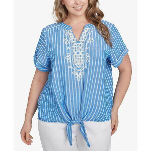 ���r�[���[�h ���f�B�[�X �J�b�g�\�[ �g�b�v�X Plus Size Yarn Dye Stripe Embellished Tie Front Top French Blue Multi