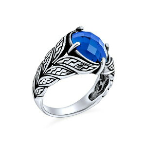 uO Y O ANZT[ Unisex Stainless Steel Oval Blue Sapphire CZ Ring Oxidized Silver Blue