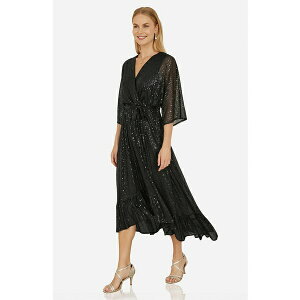 ���~�L�� ���f�B�[�X �����s�[�X �g�b�v�X Women's Sequin Kimono Midi Wrap Dress Black