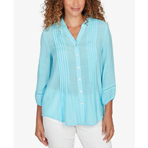 ���r�[���[�h ���f�B�[�X �J�b�g�\�[ �g�b�v�X Petite Solid Silky Slub Pleated Button Front Top Aruba Blue