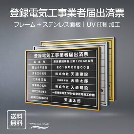 登録電気工事業者届出済票 看板（高級感抜群）選べる3フレーム+ステンレス板5タイプ 看板 事務所用 標識 サイン 不動産看板 宅地建物取引業者票 登録電気工事業者登録票 建築士事務所登録票 看板 事務所用 標識 サイン l0736-todoke