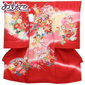 【お仕立て上がり】初着 女の子 産着 祝着 お祝い着 着物 正絹 お宮参り 赤ちゃん ベビー 扇面に四季の花 赤色 あすかや [商品番号pt3411]