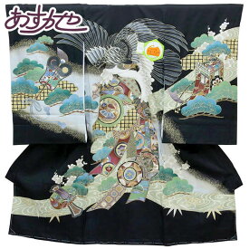 【お仕立て上がり】初着 男の子 手描き 産着 祝着 お祝い着 着物 正絹 お宮参り 赤ちゃん ベビー 鷹に熨斗 黒 あすかや [商品番号pt3563]