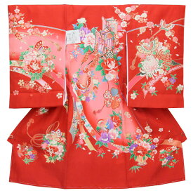 【お仕立て上がり】初着 女の子 産着 祝着 お祝い着 着物 正絹 お宮参り 赤ちゃん ベビー 御所車に鴛鴦 赤色 あすかや [商品番号pt3747]