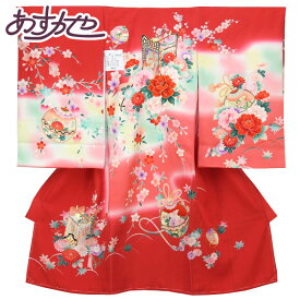 【お仕立て上がり】初着 女の子 産着 祝着 お祝い着 御所車 金駒刺繍 赤色 あすかや [商品番号pt3796]
